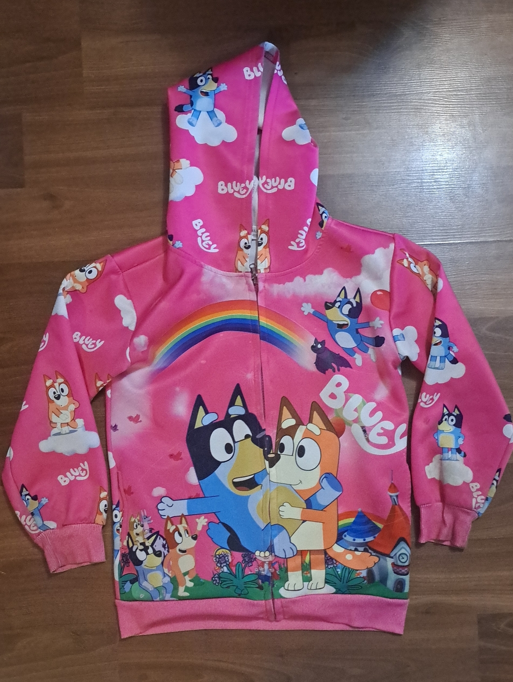 Kids' Pink Bluey Hooded Zip Sweatshirt. Cartoon Bluey Characters